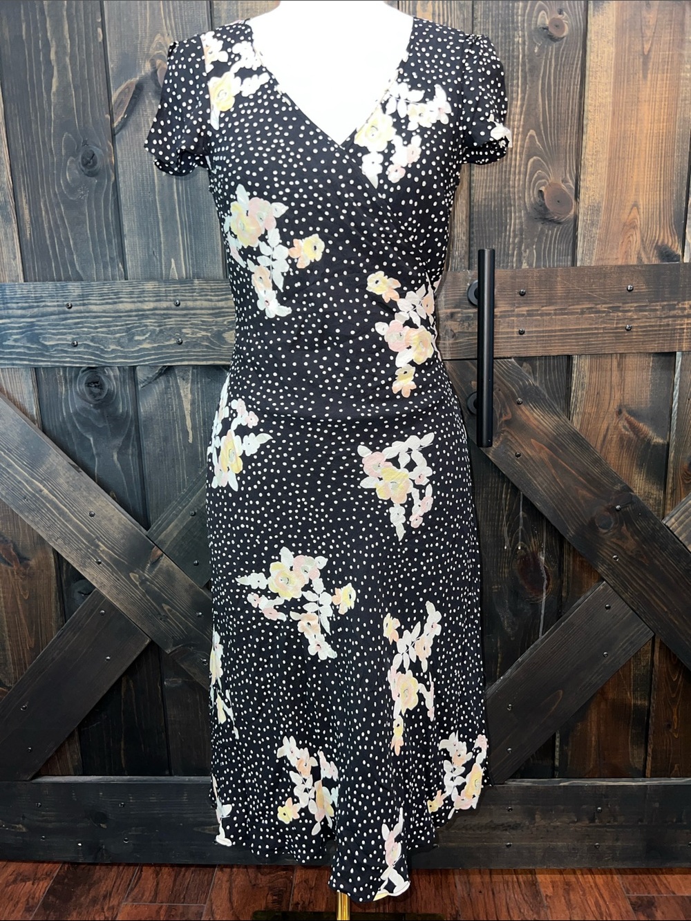 Banana Republic Silk Midi Wrap Dress 10 Polka Dot Floral Flutter Sleeve Flowy